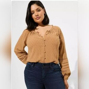 NWT Torrid Washable Gauze Lace Inset Top Long Sleeve Tobacco Brown Size 3X